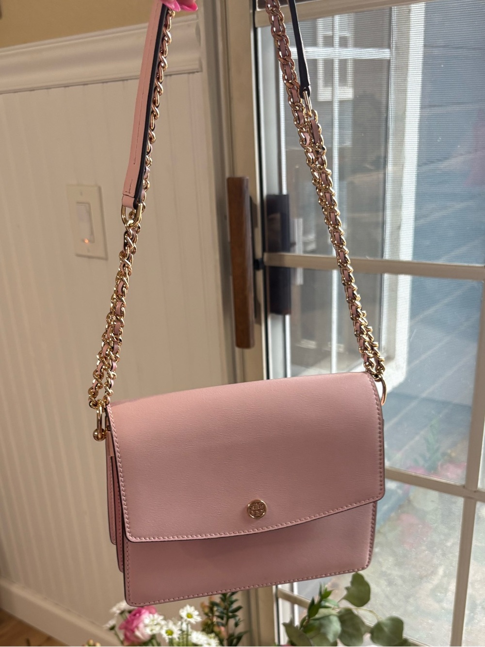 Tory Burch Pink Leather  paker convertible with Gold Chain Strap